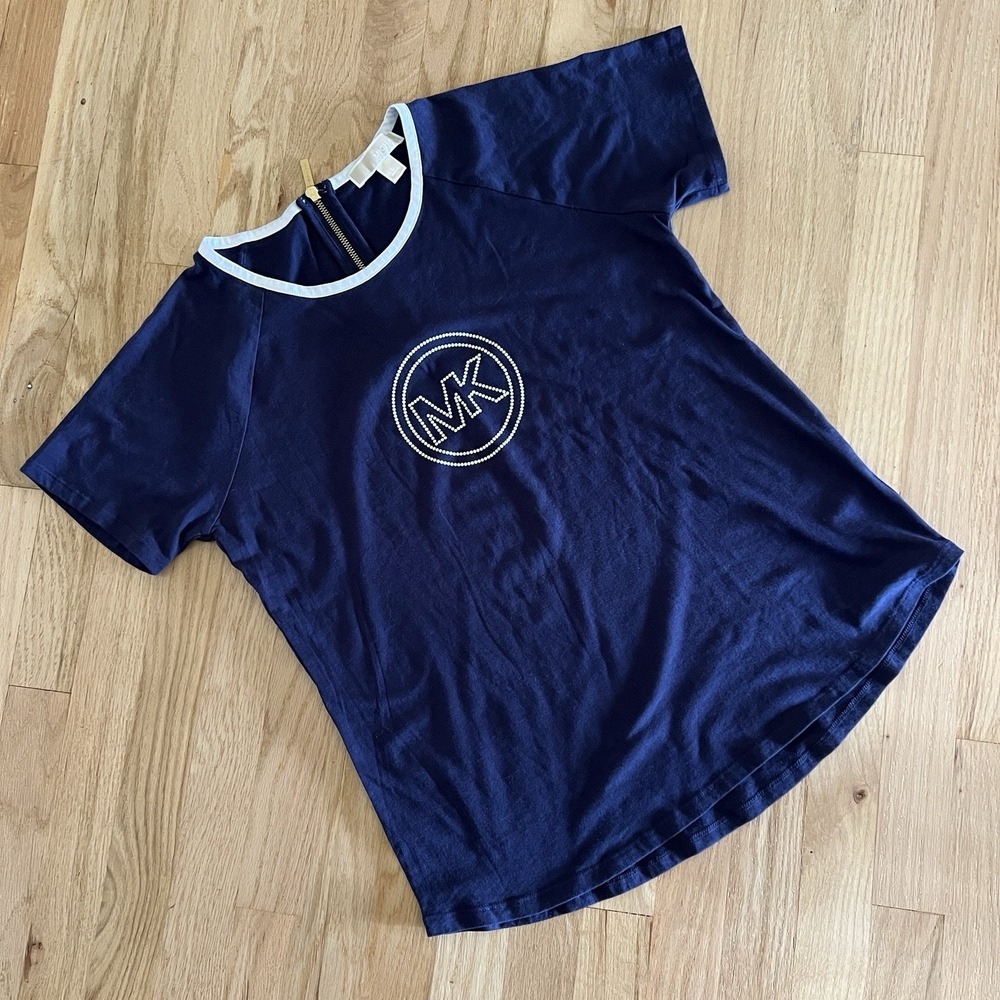Michael Kors Womens Large Shirt Tee Blue Short Sleeve Cotton Stretch Embellished